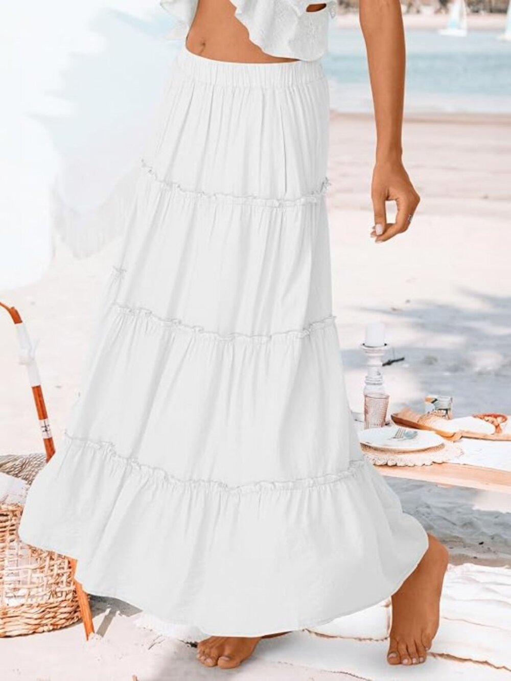 Trendy Queen White Boho Maxi Skirt with Pockets | Flowy Beach Vacation Summer St - Picture 4 of 6